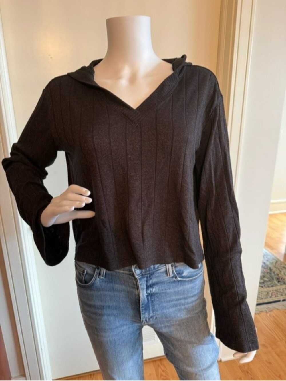 Athleta Chocolate Brown Ribbed V-Neck Hooded Knit Top